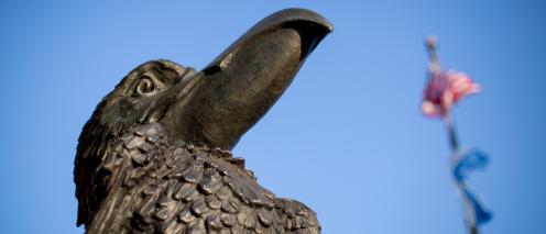 Low elevation view of Jayhawk statue viewed with flagpole and blue sky behind