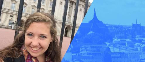 Kathleen Meeds in front of Buckingham Palace