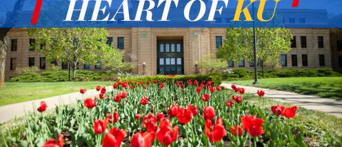 A patch of red flowers in front of strong hall with the caption: Relationship Advice from the heart of KU