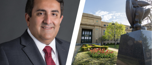 Arash Mafi and the front of Strong Hall