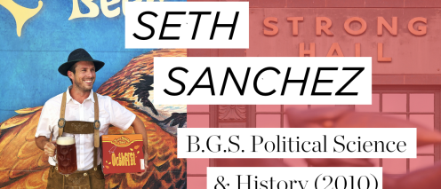 Seth Sanchez with a stein of beer and dressed in traditional German garb with the text B.G.S. Political Science & History (2010)