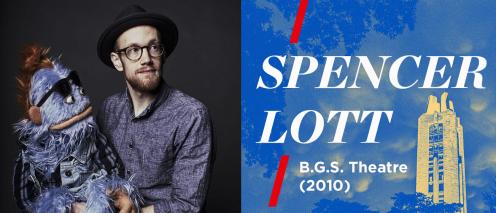 Spencer Lott with a big blue furry puppet with sunglasses and the text 'B.G.S. Theatre (2010)'