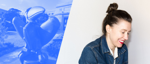 Stephanie Downes and a bronze Jayhawk statue