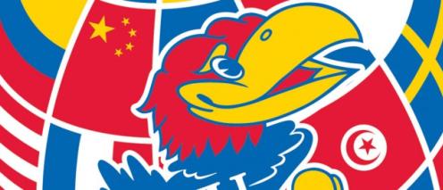 A Jayhawk with international flags in the background