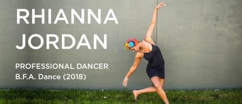 Rhianna Jordan dances in the grass in front of a concrete wall with the text 'Professional Dancer B.F.A. Dance (2018)'