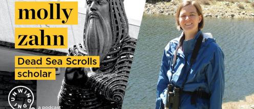 Molly Zahn with a camera around her neck by a body of water with text reading 'Dead Sea Scrolls scholar'