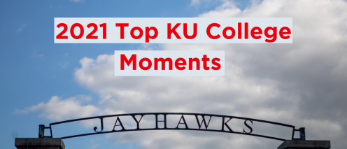 Text reading 2021 Top KU College Moments in the sky over an arch that reads Jayhawks