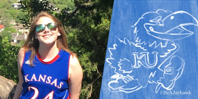 Photo of McKenzie wearing a KU basketball jersey and sunglasses, smiling in the sun with trees behind her. Text reads "BeAJayhawk"