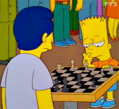 Bart Simpson playing three simultaneous games of chess. 
