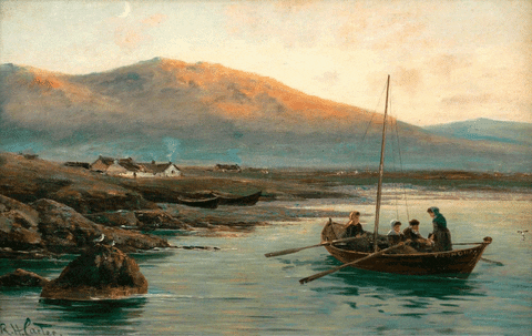 Painting of a small rowboat carrying a family. 
